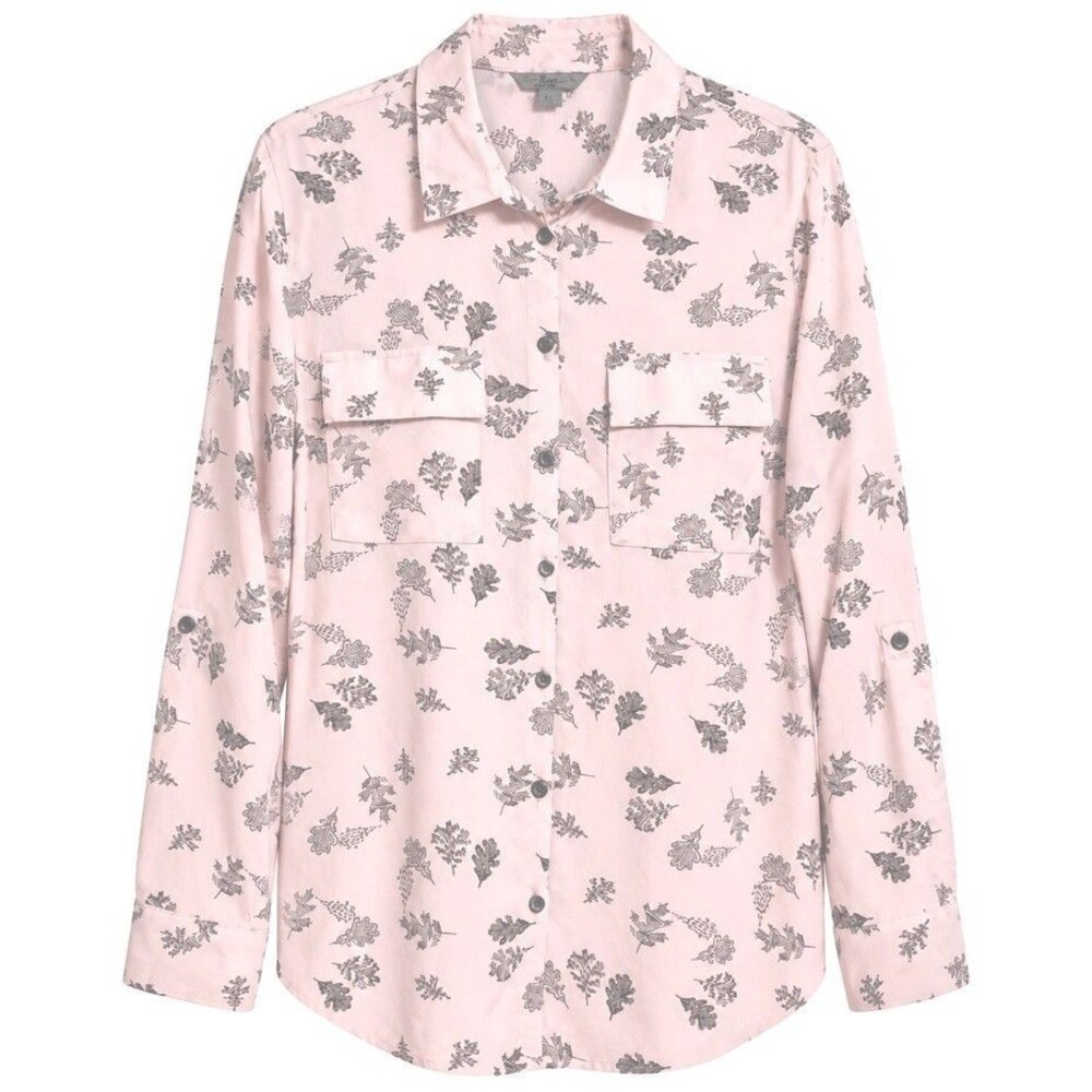 Bass Women’s Blouse M Pink Gray Leaf Print Roll Tab Sleeve Teacher Work Office